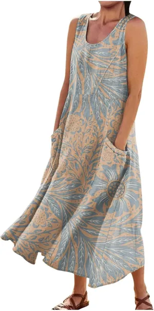Linen Dresses for Women 2025 Summer Long Dress Sleeveless Elegant Flowy Plus Size Loose Sundress with Pockets