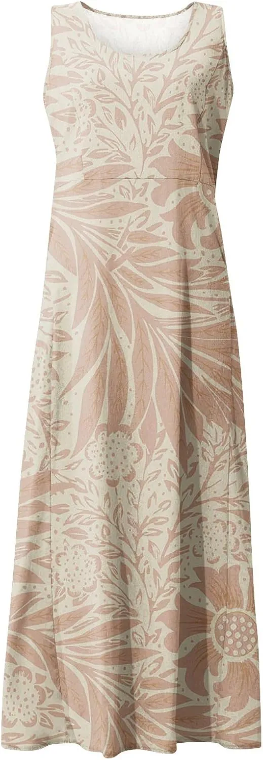 Linen Dresses for Women 2025 Summer Long Dress Sleeveless Elegant Flowy Plus Size Loose Sundress with Pockets