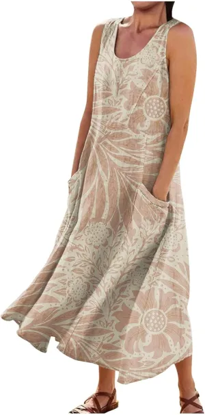 Linen Dresses for Women 2025 Summer Long Dress Sleeveless Elegant Flowy Plus Size Loose Sundress with Pockets