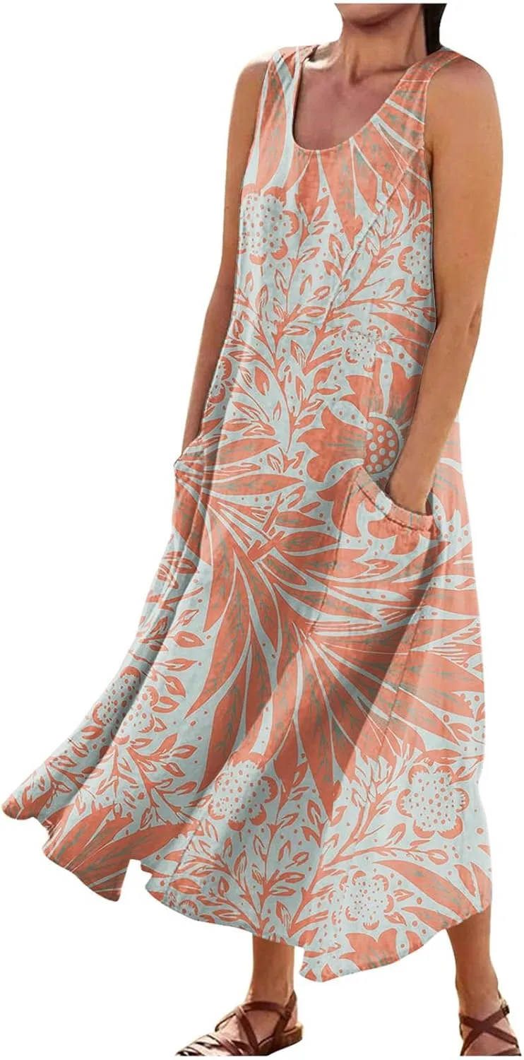 Linen Dresses for Women 2025 Summer Long Dress Sleeveless Elegant Flowy Plus Size Loose Sundress with Pockets