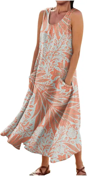 Linen Dresses for Women 2025 Summer Long Dress Sleeveless Elegant Flowy Plus Size Loose Sundress with Pockets