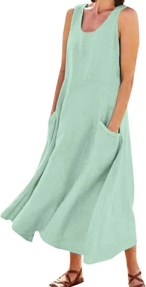 Linen Dresses for Women 2025 Summer Long Dress Sleeveless Elegant Flowy Plus Size Loose Tank Dress with Pockets
