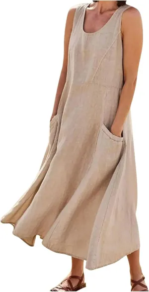 Linen Dresses for Women 2025 Summer Long Dress Sleeveless Elegant Flowy Plus Size Loose Tank Dress with Pockets