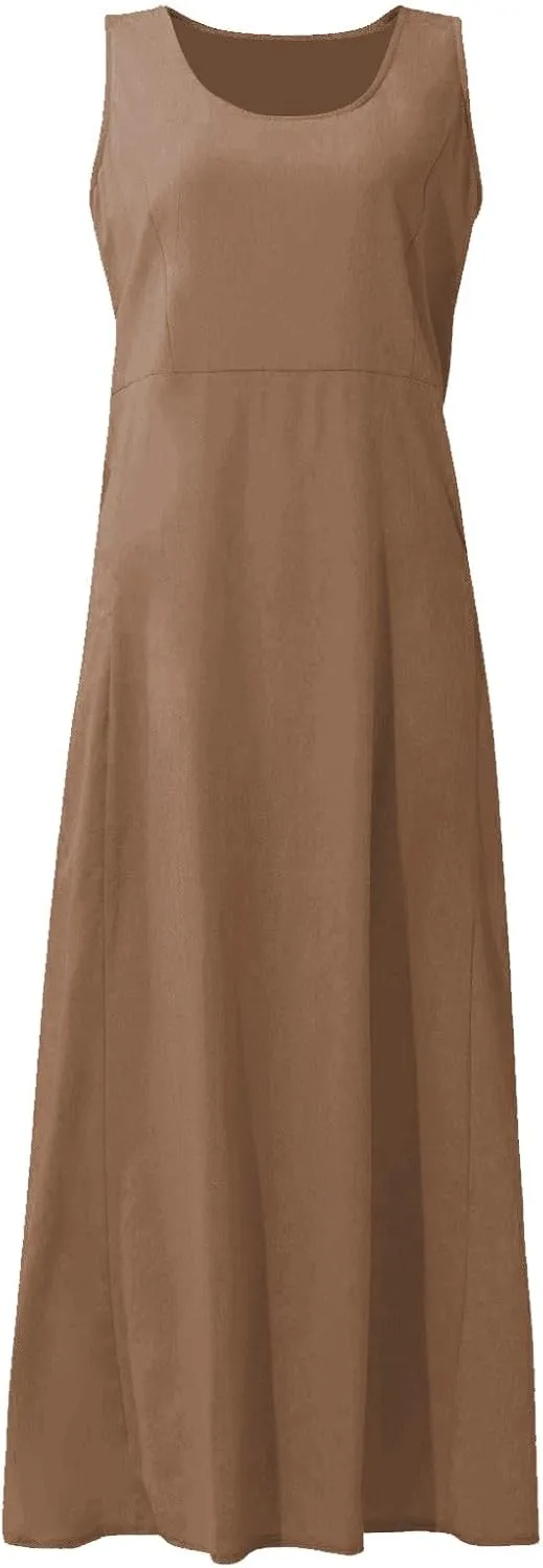 Linen Dresses for Women 2025 Summer Long Dress Sleeveless Elegant Flowy Plus Size Loose Tank Dress with Pockets