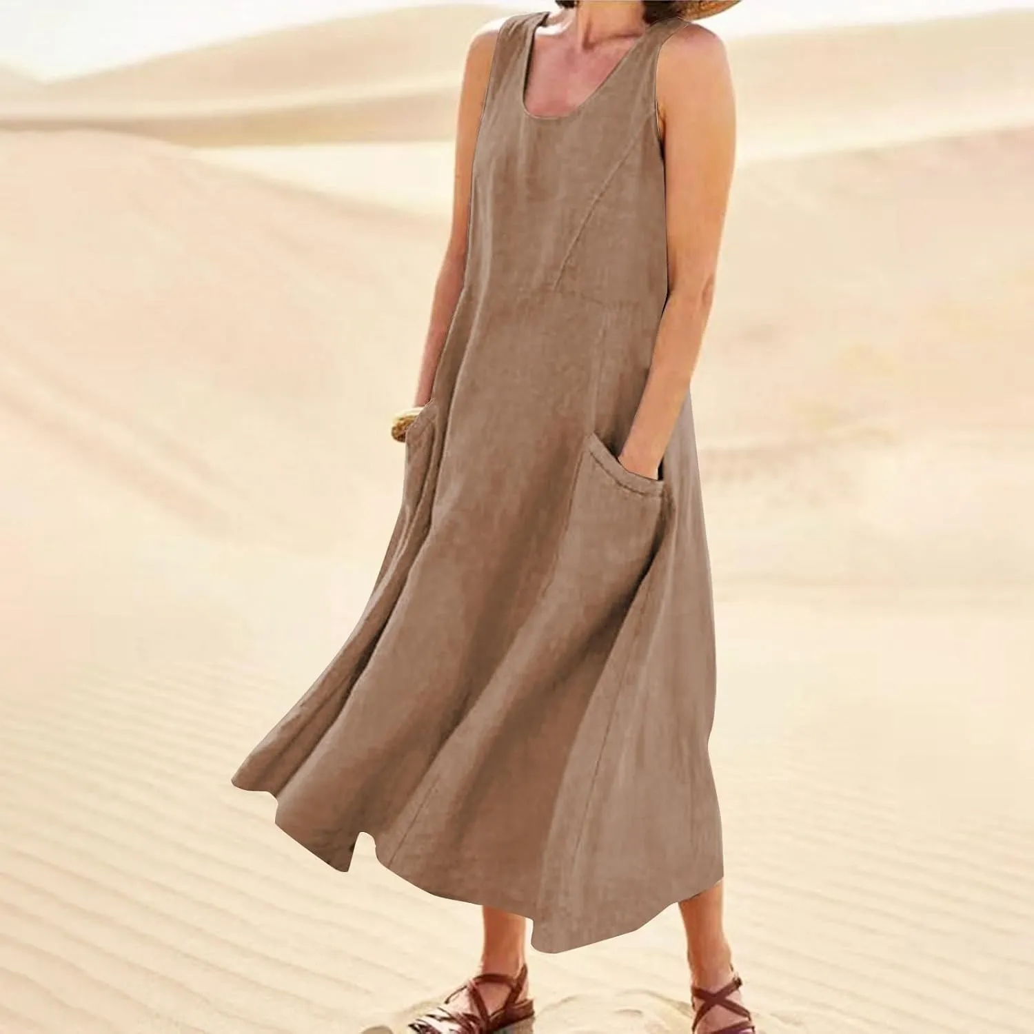 Linen Dresses for Women 2025 Summer Long Dress Sleeveless Elegant Flowy Plus Size Loose Tank Dress with Pockets