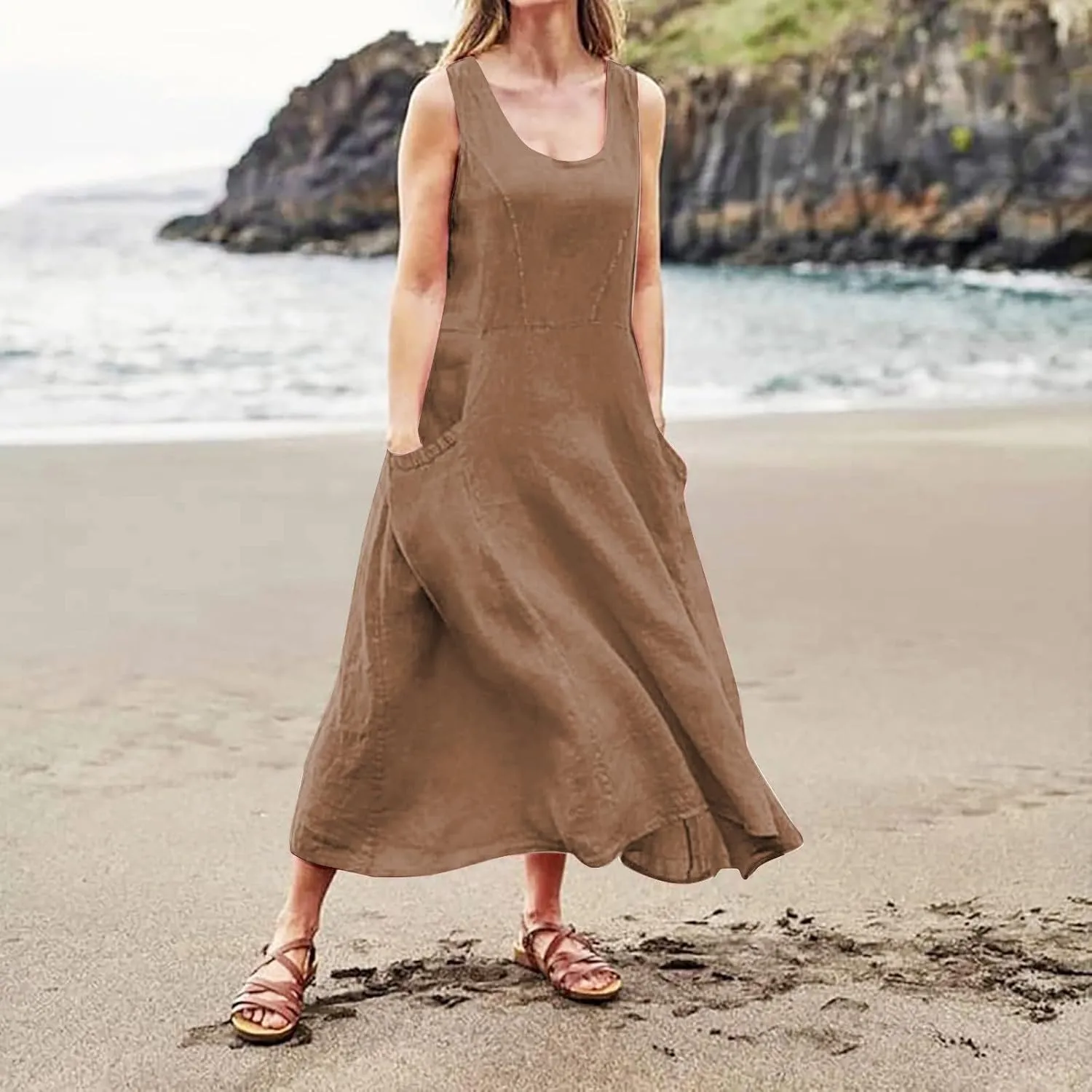 Linen Dresses for Women 2025 Summer Long Dress Sleeveless Elegant Flowy Plus Size Loose Tank Dress with Pockets