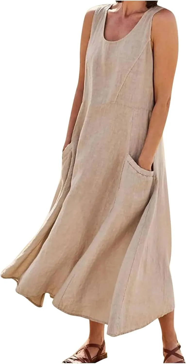 Linen Dresses for Women 2025 Summer Long Dress Sleeveless Elegant Flowy Plus Size Loose Tank Dress with Pockets