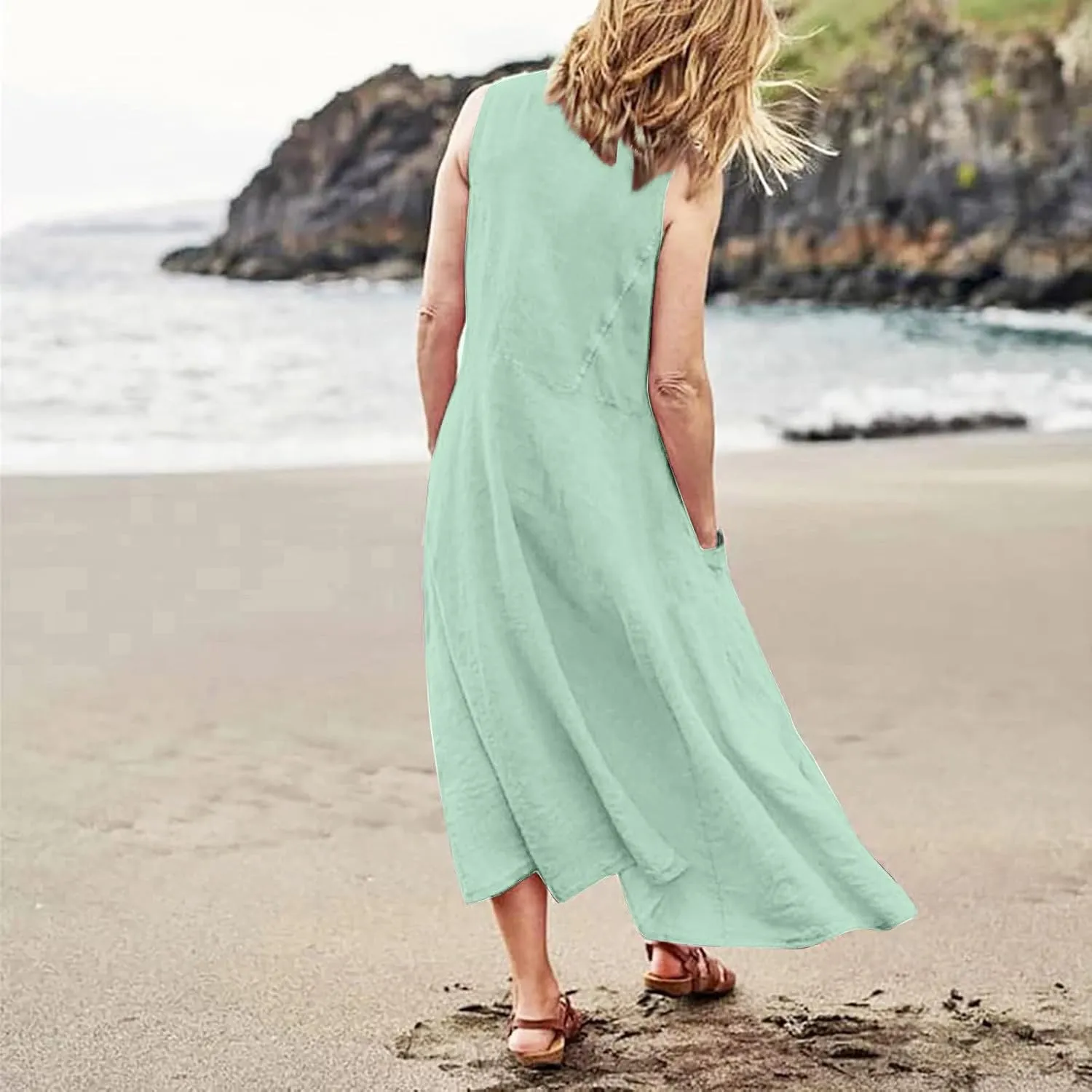 Linen Dresses for Women 2025 Summer Long Dress Sleeveless Elegant Flowy Plus Size Loose Tank Dress with Pockets