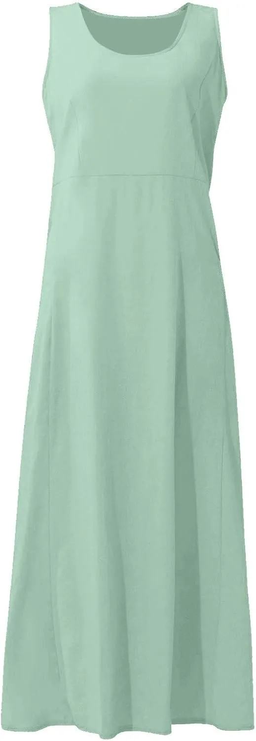 Linen Dresses for Women 2025 Summer Long Dress Sleeveless Elegant Flowy Plus Size Loose Tank Dress with Pockets