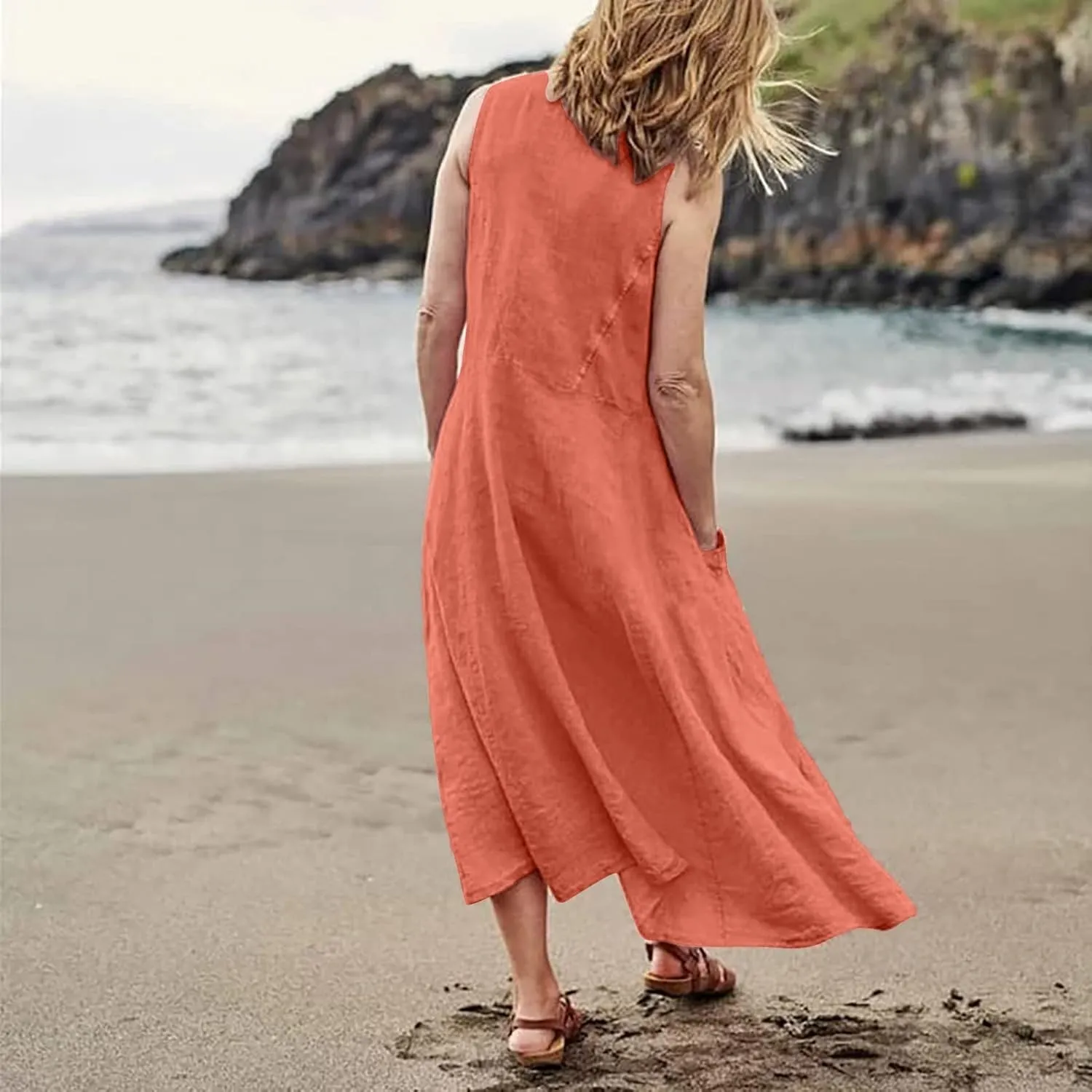 Linen Dresses for Women 2025 Summer Long Dress Sleeveless Elegant Flowy Plus Size Loose Tank Dress with Pockets