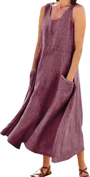 Linen Dresses for Women 2025 Summer Long Dress Sleeveless Elegant Flowy Plus Size Loose Tank Dress with Pockets