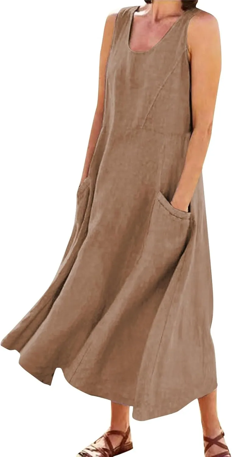 Linen Dresses for Women 2025 Summer Long Dress Sleeveless Elegant Flowy Plus Size Loose Tank Dress with Pockets