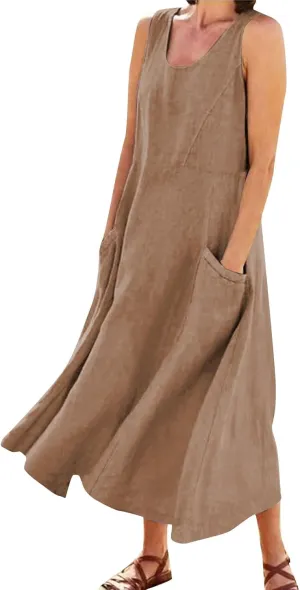 Linen Dresses for Women 2025 Summer Long Dress Sleeveless Elegant Flowy Plus Size Loose Tank Dress with Pockets