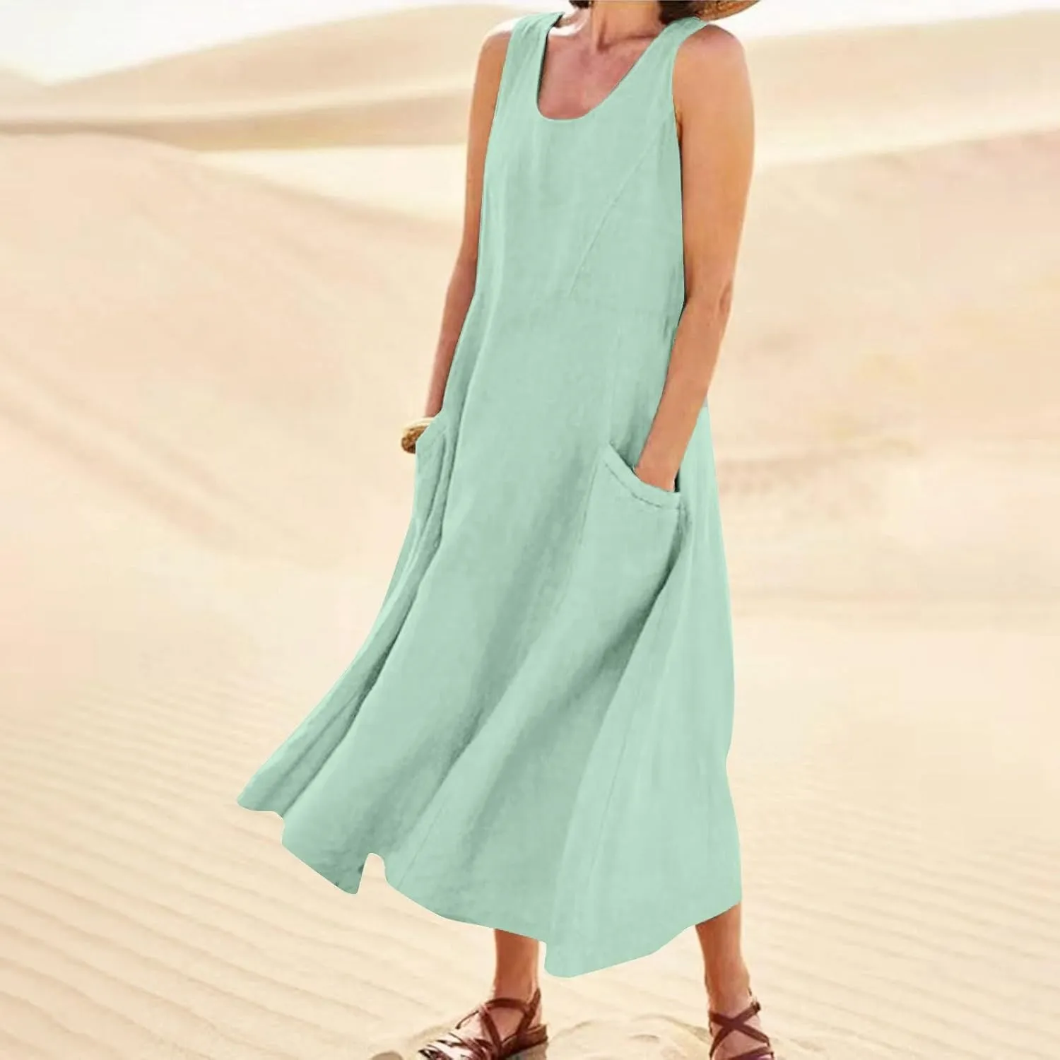 Linen Dresses for Women 2025 Summer Long Dress Sleeveless Elegant Flowy Plus Size Loose Tank Dress with Pockets