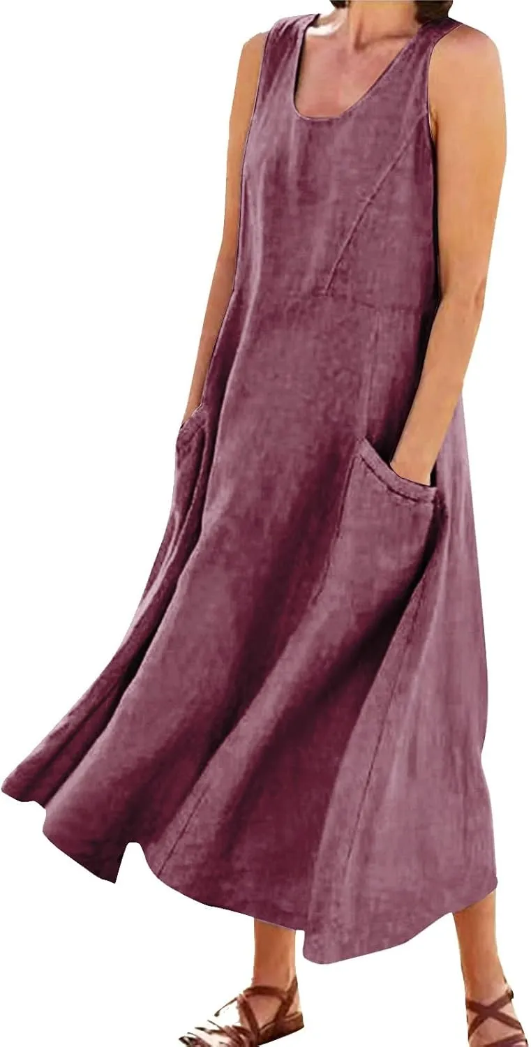 Linen Dresses for Women 2025 Summer Long Dress Sleeveless Elegant Flowy Plus Size Loose Tank Dress with Pockets