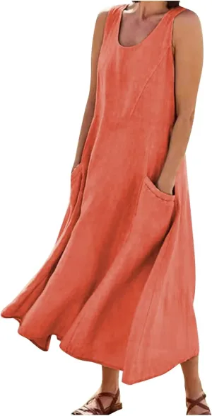 Linen Dresses for Women 2025 Summer Long Dress Sleeveless Elegant Flowy Plus Size Loose Tank Dress with Pockets