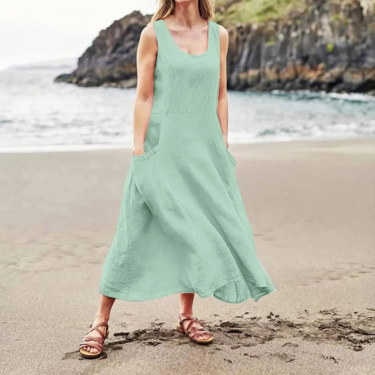 Linen Dresses for Women 2025 Summer Long Dress Sleeveless Elegant Flowy Plus Size Loose Tank Dress with Pockets