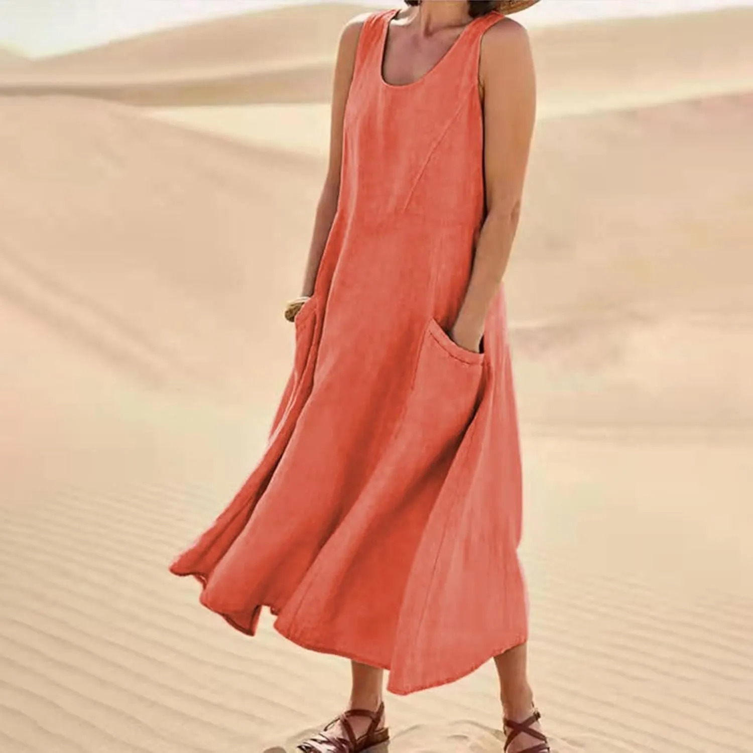 Linen Dresses for Women 2025 Summer Long Dress Sleeveless Elegant Flowy Plus Size Loose Tank Dress with Pockets