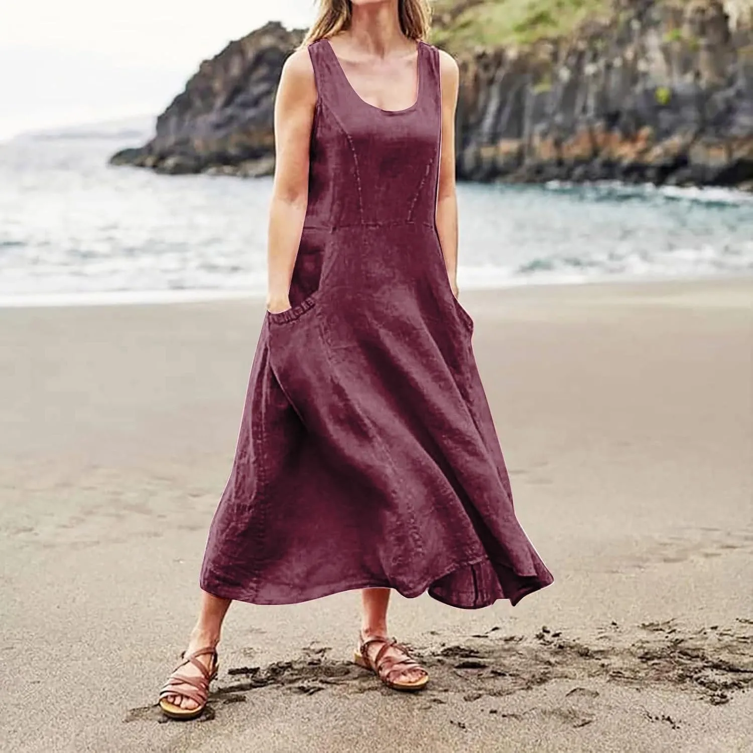 Linen Dresses for Women 2025 Summer Long Dress Sleeveless Elegant Flowy Plus Size Loose Tank Dress with Pockets