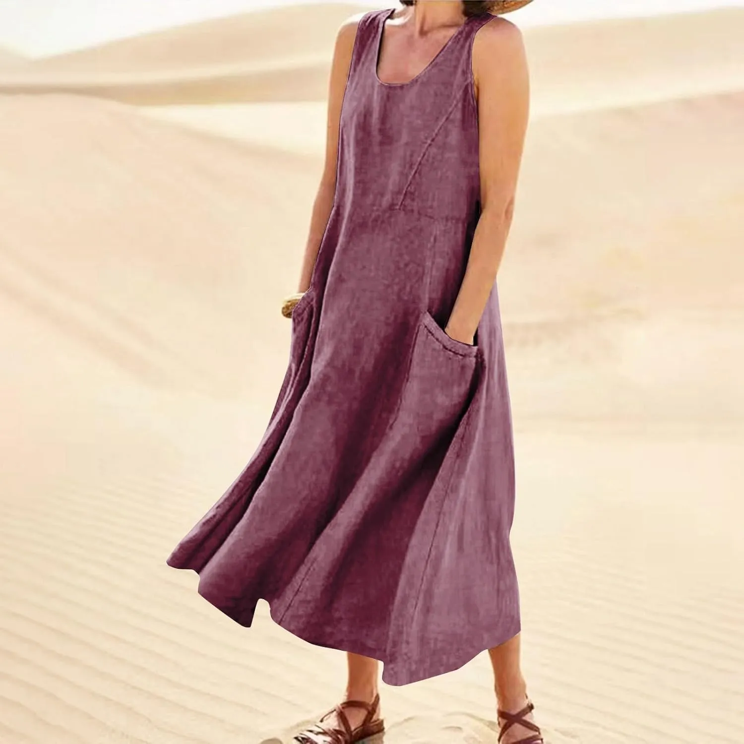 Linen Dresses for Women 2025 Summer Long Dress Sleeveless Elegant Flowy Plus Size Loose Tank Dress with Pockets