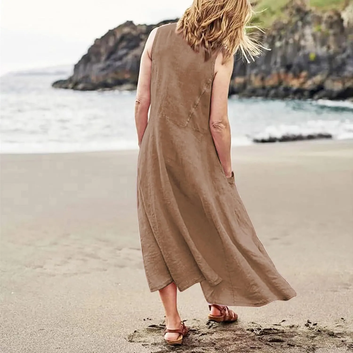 Linen Dresses for Women 2025 Summer Long Dress Sleeveless Elegant Flowy Plus Size Loose Tank Dress with Pockets