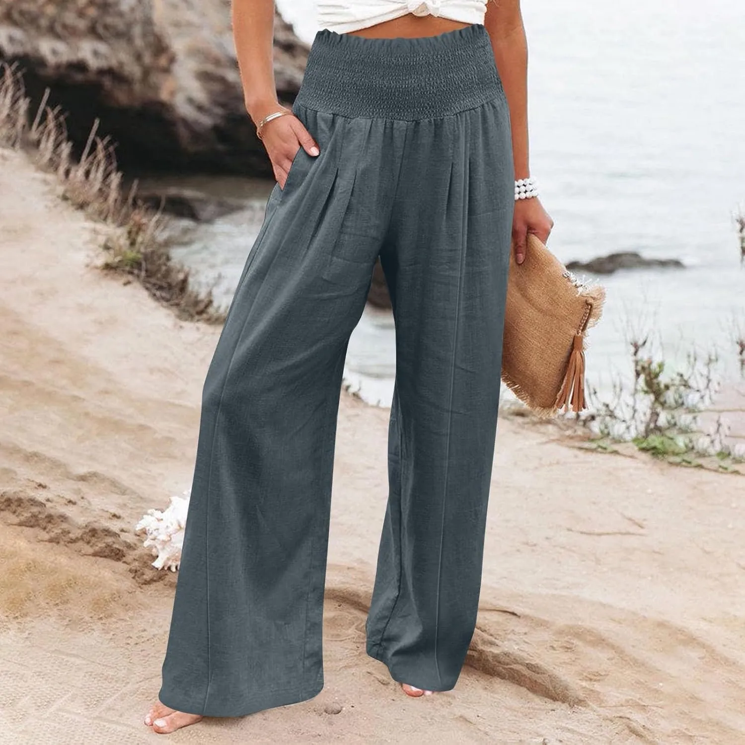 Linen Palazzo Pants for Women 2025 Baggy Y2K Summer Stretchy Boho Beach Pants High Waist Plus Size Lounge Palazzo Trousers
