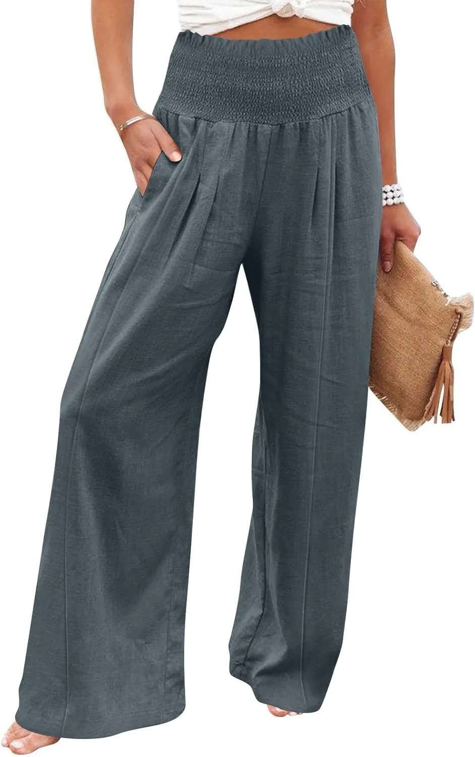 Linen Palazzo Pants for Women 2025 Baggy Y2K Summer Stretchy Boho Beach Pants High Waist Plus Size Lounge Palazzo Trousers