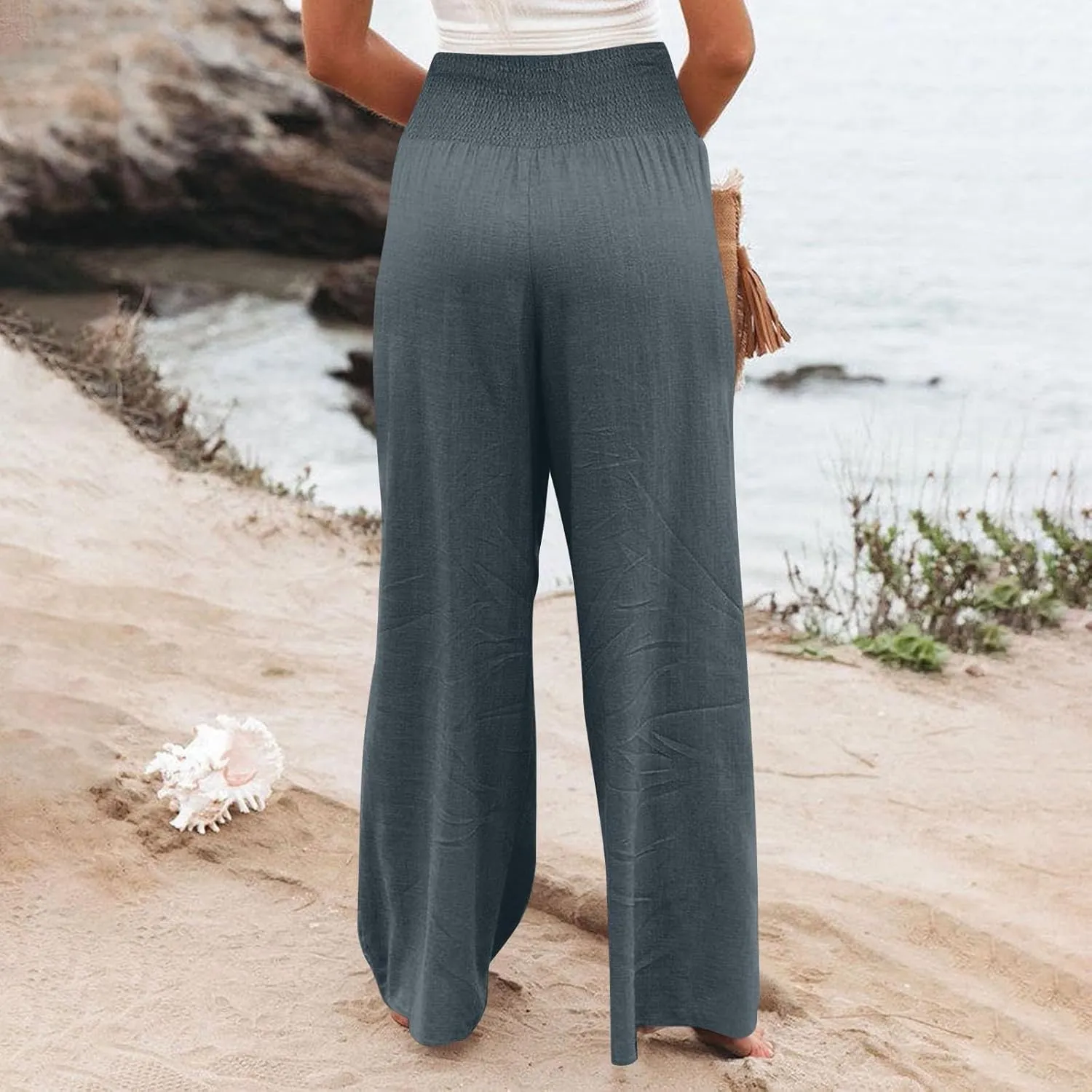 Linen Palazzo Pants for Women 2025 Baggy Y2K Summer Stretchy Boho Beach Pants High Waist Plus Size Lounge Palazzo Trousers