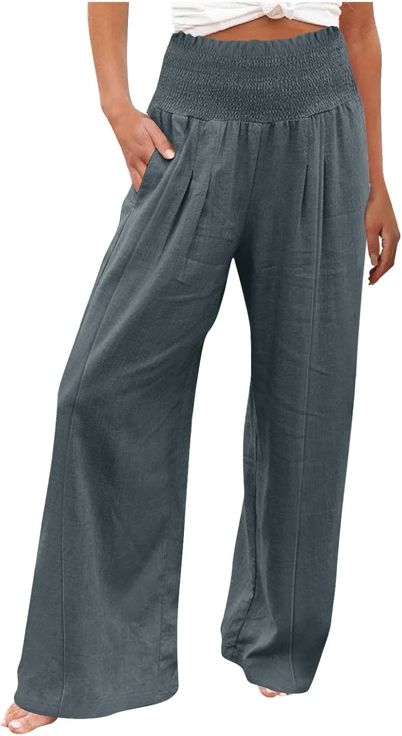 Linen Palazzo Pants for Women 2025 Baggy Y2K Summer Stretchy Boho Beach Pants High Waist Plus Size Lounge Palazzo Trousers