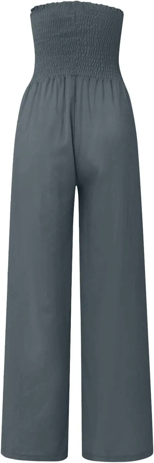 Linen Palazzo Pants for Women 2025 Baggy Y2K Summer Stretchy Boho Beach Pants High Waist Plus Size Lounge Palazzo Trousers
