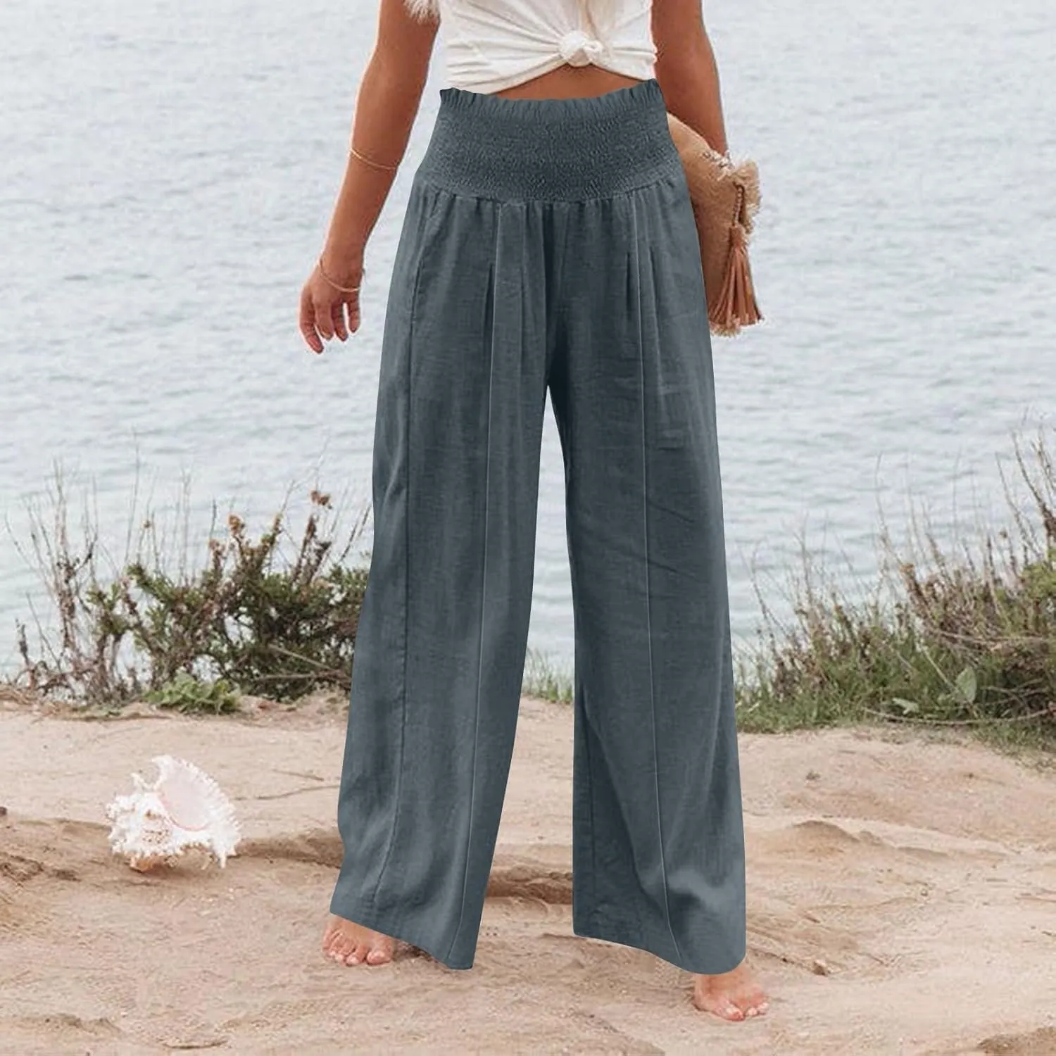 Linen Palazzo Pants for Women 2025 Baggy Y2K Summer Stretchy Boho Beach Pants High Waist Plus Size Lounge Palazzo Trousers