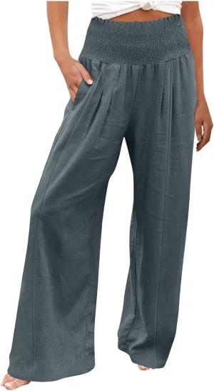 Linen Palazzo Pants for Women 2025 Baggy Y2K Summer Stretchy Boho Beach Pants High Waist Plus Size Lounge Palazzo Trousers