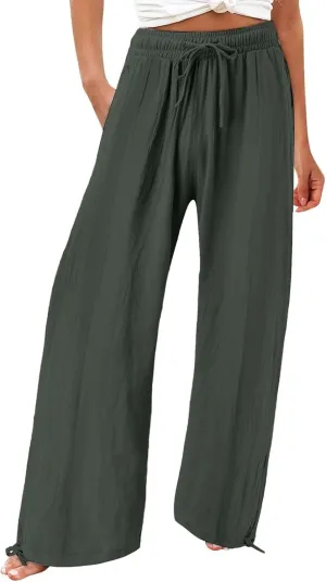 Linen Palazzo Pants for Women Dressy Summer Wide Leg Flowy Pants Boho Drawstring Beach Lounge Trousers with Pockets