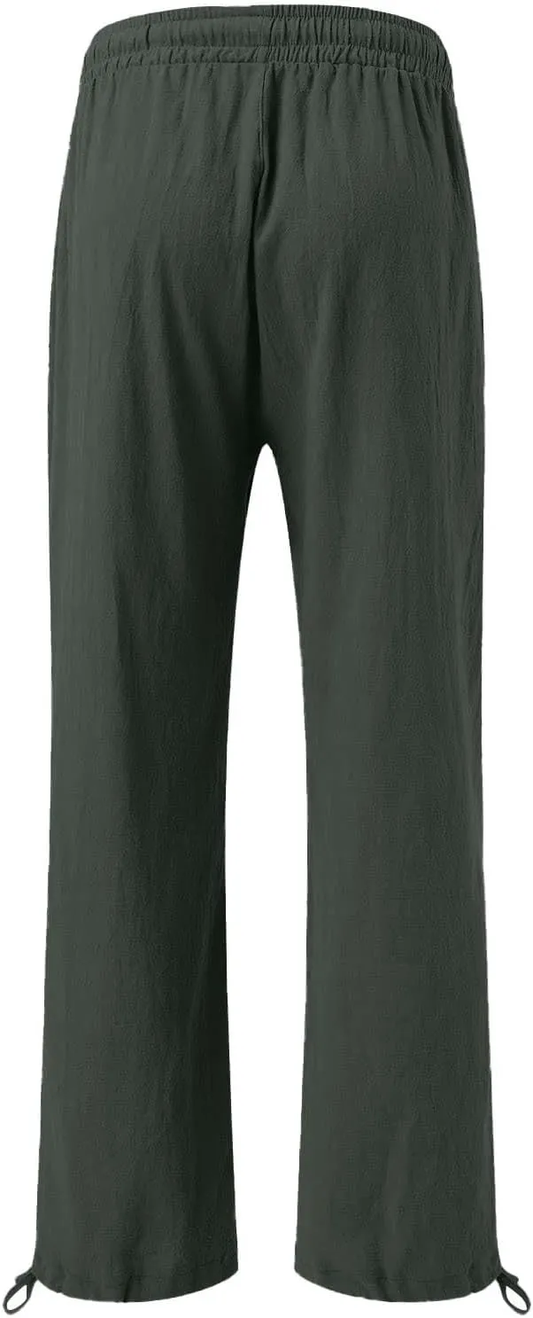 Linen Palazzo Pants for Women Dressy Summer Wide Leg Flowy Pants Boho Drawstring Beach Lounge Trousers with Pockets