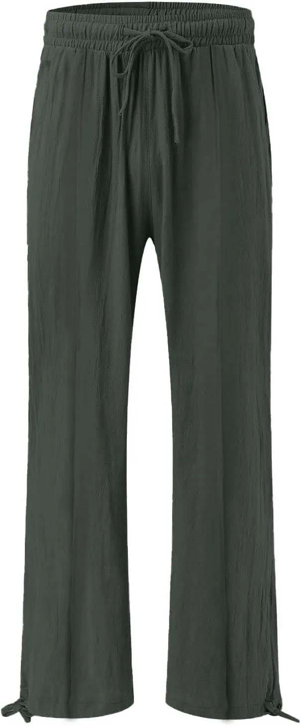Linen Palazzo Pants for Women Dressy Summer Wide Leg Flowy Pants Boho Drawstring Beach Lounge Trousers with Pockets