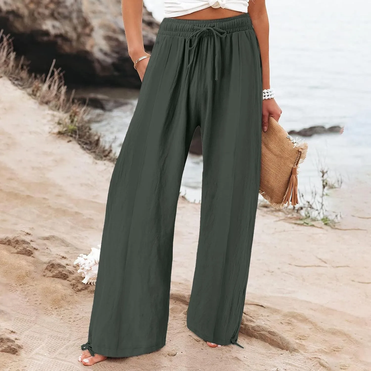 Linen Palazzo Pants for Women Dressy Summer Wide Leg Flowy Pants Boho Drawstring Beach Lounge Trousers with Pockets