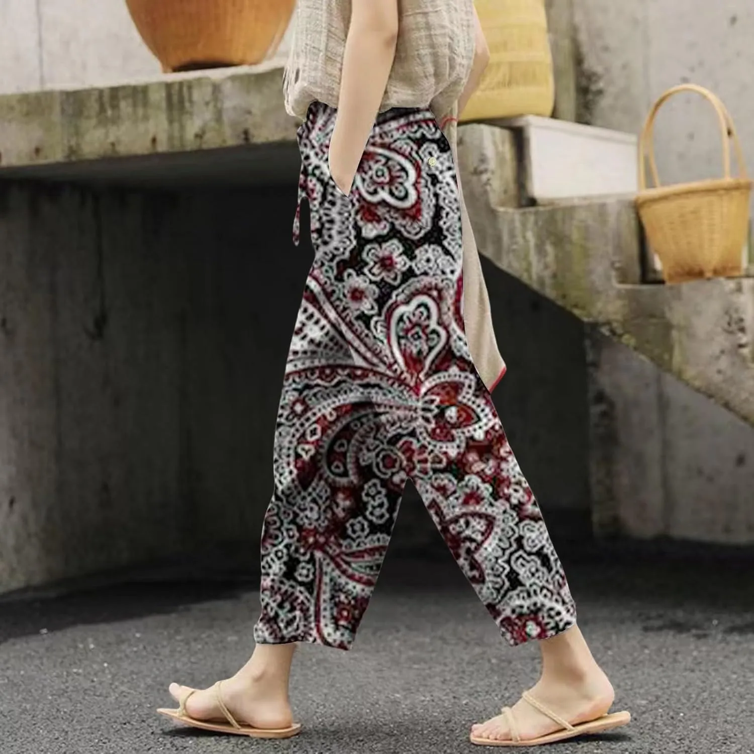 Linen Pant for Women 2025 Summer High Waist Elastic Straight Leg Lounge Pant Loose Casual Lightweight Beach Trousers