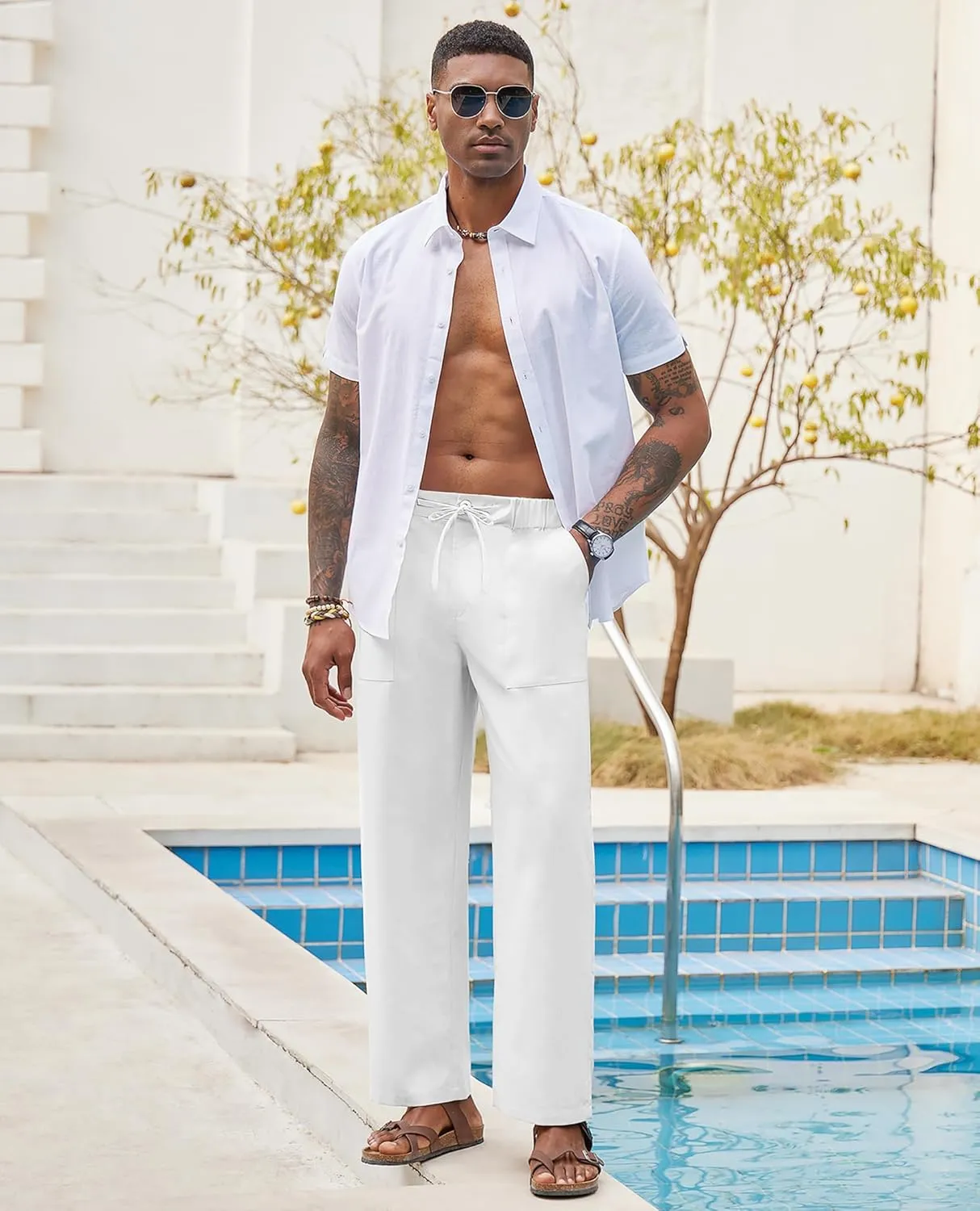 Linen Pants for Men - Casual Wide Leg Beach & Lounge Pants with Pockets