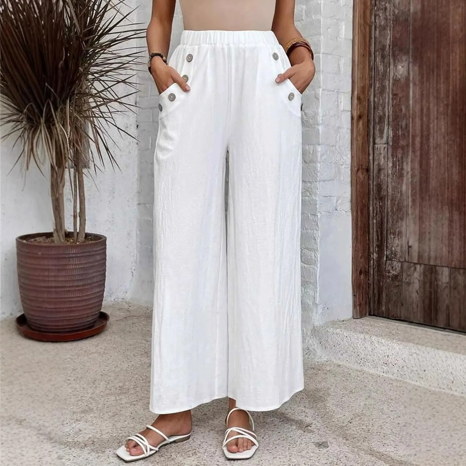 Linen Pants for Women 2025 Casual High Waist Wide Leg Palazzo Pants Summer Button Down Trousers with Pockets