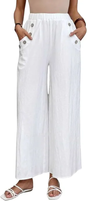 Linen Pants for Women 2025 Casual High Waist Wide Leg Palazzo Pants Summer Button Down Trousers with Pockets