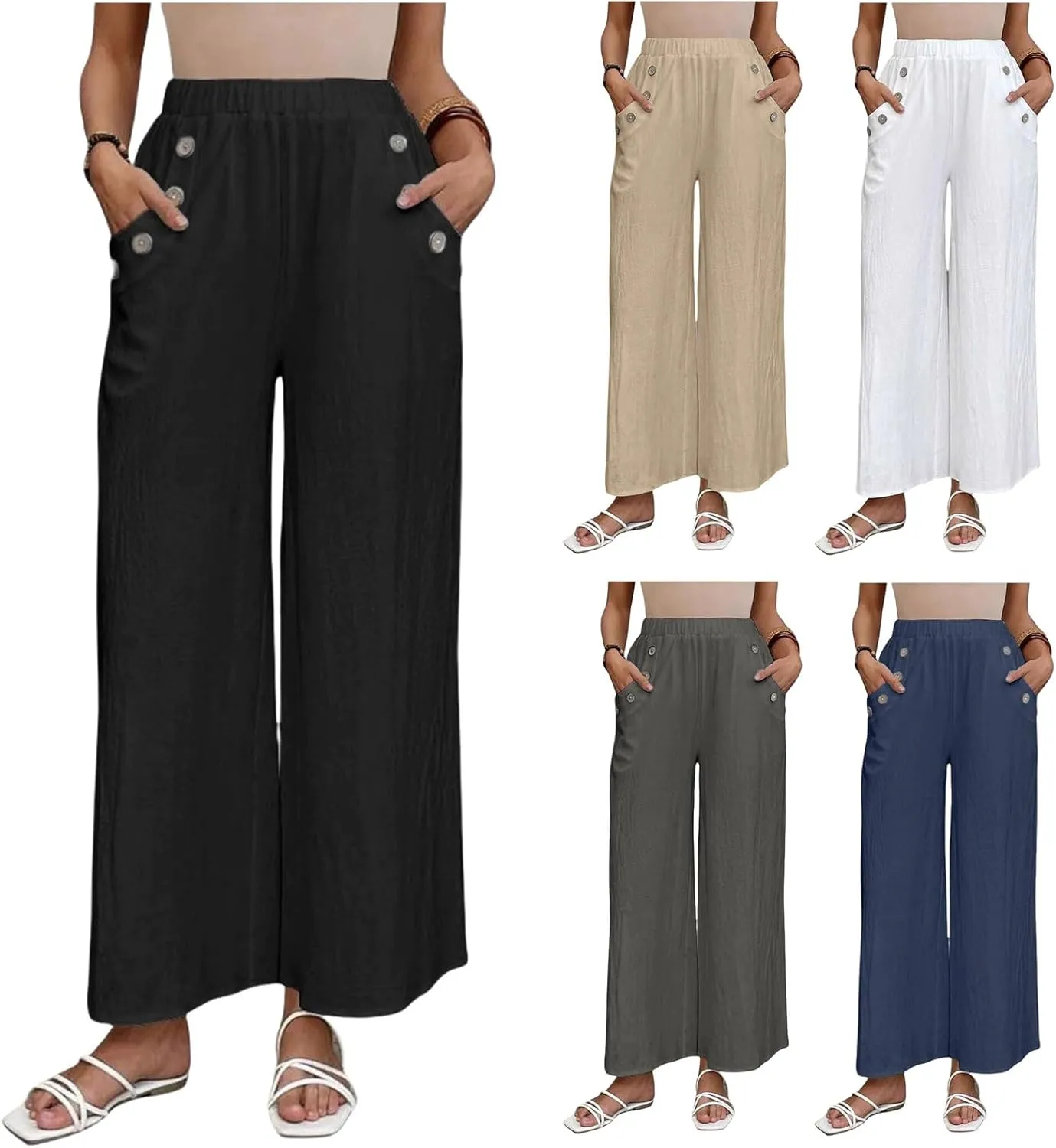 Linen Pants for Women 2025 Casual High Waist Wide Leg Palazzo Pants Summer Button Down Trousers with Pockets