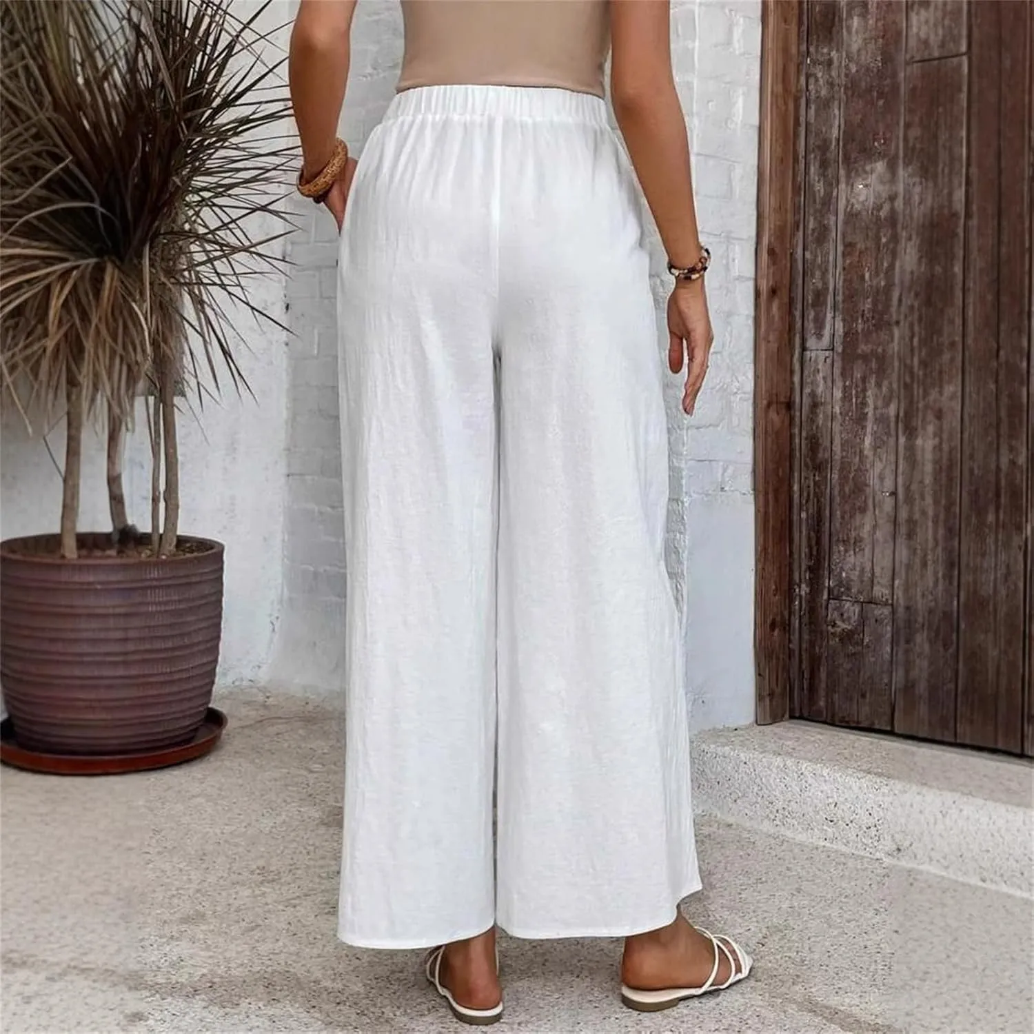Linen Pants for Women 2025 Casual High Waist Wide Leg Palazzo Pants Summer Button Down Trousers with Pockets