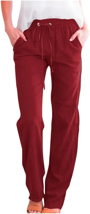 Linen Pants for Women 2025 Summer Straight Wide Leg Casual Pants Drawstring Elastic Waist Trousers with Pockets