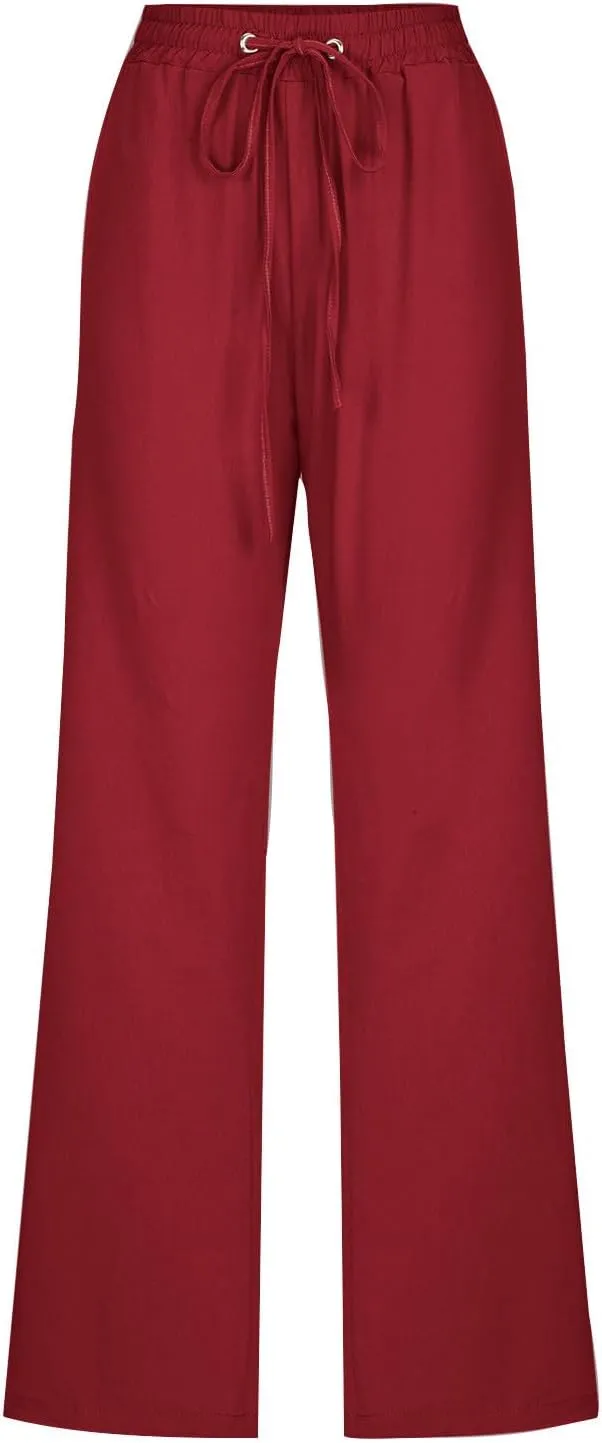 Linen Pants for Women 2025 Summer Straight Wide Leg Casual Pants Drawstring Elastic Waist Trousers with Pockets