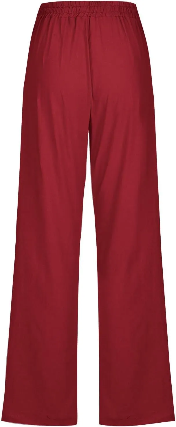 Linen Pants for Women 2025 Summer Straight Wide Leg Casual Pants Drawstring Elastic Waist Trousers with Pockets