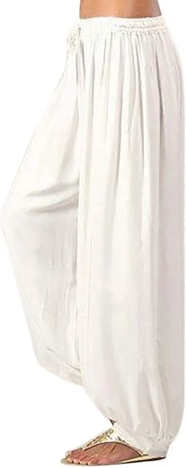 Linen Pants for Women Casual Beach Baggy Wide Leg Pants with Pockets Solid Travel Palazzo Pants for Women Beach