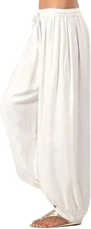 Linen Pants for Women Casual Beach Baggy Wide Leg Pants with Pockets Solid Travel Palazzo Pants for Women Beach