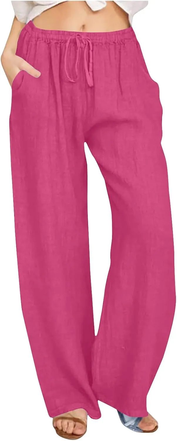 Linen Pants for Women Summer Wide Leg Casual Beach Trousers High Waisted Drawstring Palazzo Lounge Pants with Pockets
