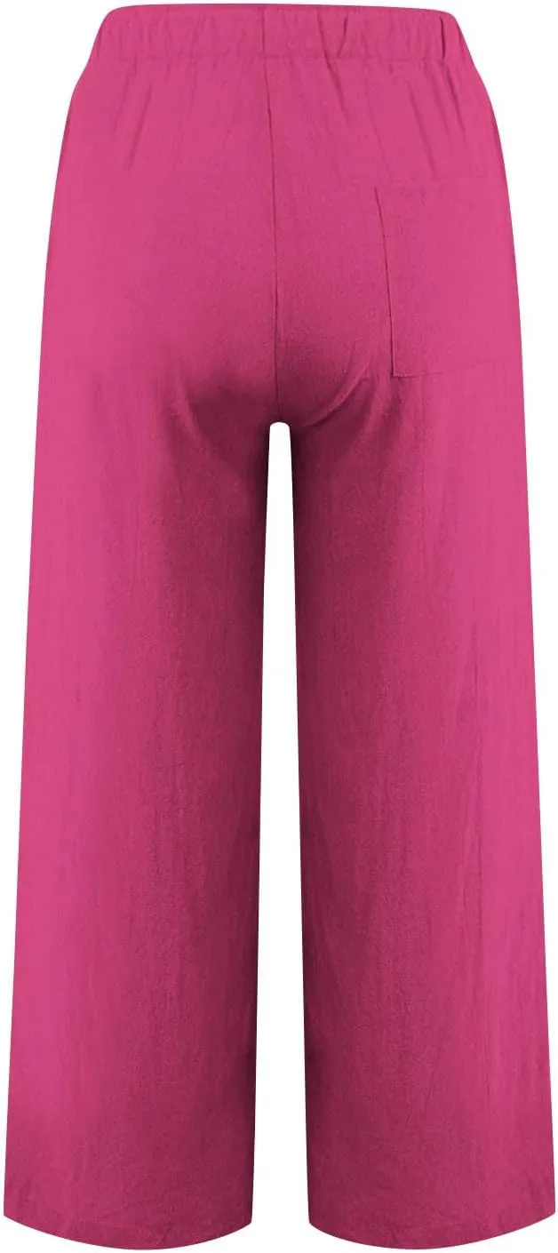 Linen Pants for Women Summer Wide Leg Casual Beach Trousers High Waisted Drawstring Palazzo Lounge Pants with Pockets