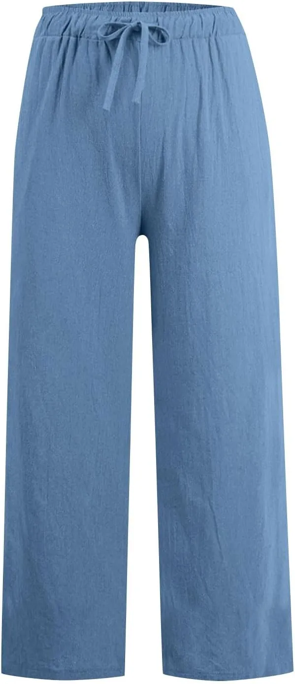 Linen Pants for Women Summer Wide Leg Casual Beach Trousers High Waisted Drawstring Palazzo Lounge Pants with Pockets